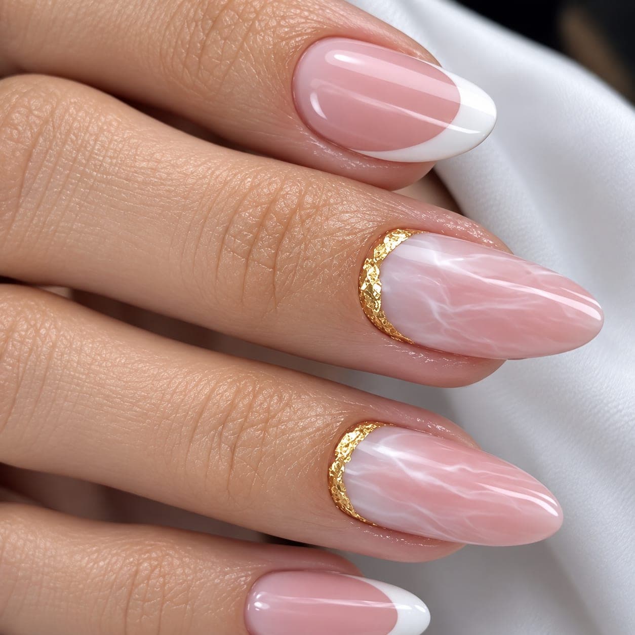 Unhas em gel amendoadas com folha de ouro
