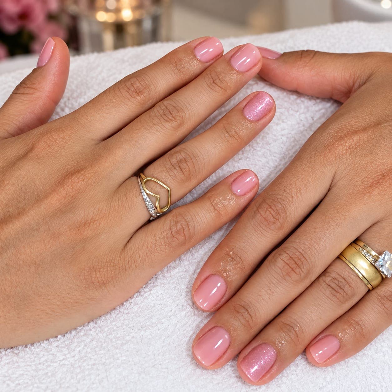 Unhas naturais curtas esmaltadas em rosa delicado