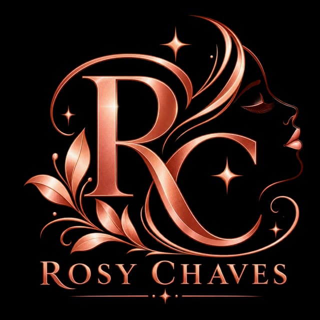 Logo Rosy Chaves: monograma RC em rose gold com perfil feminino